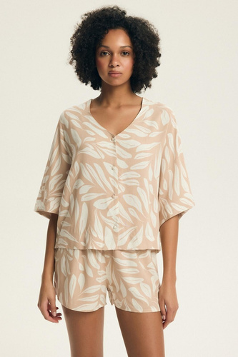 Pigiama Henderson Dextra donna 43688 pesca-viscosa, con zip, 3/4, stampa floreale