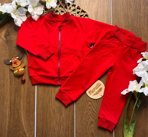 Mamatti DR914 tuta bambini in cotone rossa con felpa con zip e collo alto, pantaloni con tasche