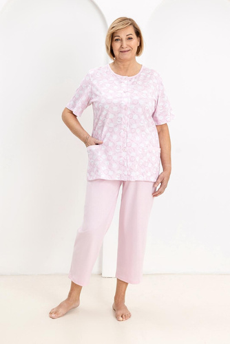 Pigiama 738 Regina rosa - donna in cotone a righe, camicia con bottoni e tasche, pantaloni 7/8