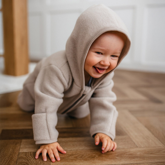 Tuta per neonato in lana merino Eevi - beige, morbida e traspirante