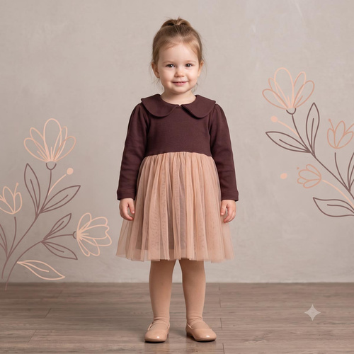 226167 Nicol HANIA Abito con tulle beige marrone manica lunga per bambina