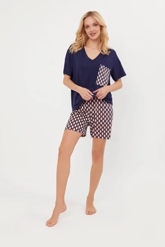 Milda Pigiama da donna a maniche corte, pantaloni corti Moda italiana - blu navy