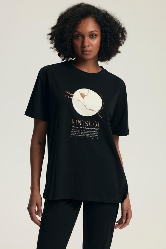 Pigiama da donna 43728 Dairoku nero - cotone, manica corta, pantalone da pescatore