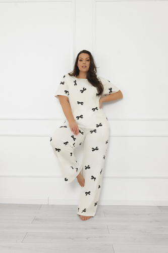 Pigiama da donna Figaro - ecru, cotone, manica corta + pantaloni lunghi Moda italiana