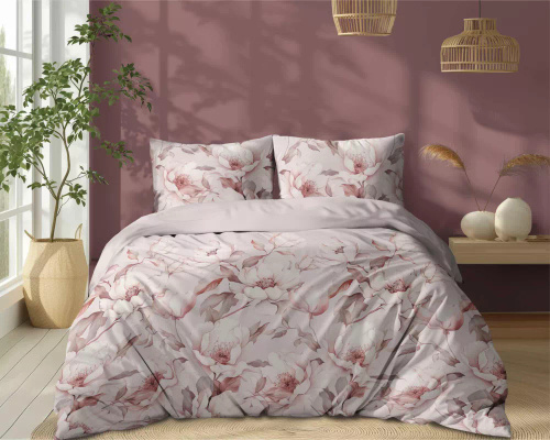 5501 B Biancheria da letto in cotone rosa cipria con peonie crema Naturalis- Detexpol