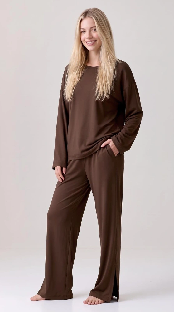 Pigiama donna Luna 1312 100% cotone oversize pantaloni larghi homewear - marrone