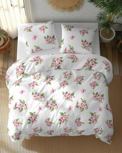 5766 A Cotton Bloom Detexpol biancheria da letto bianca con fiori rosa - 100% cotone, reversibile, produzione polacca