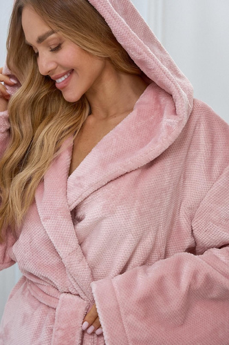 L&L 2601 Honey Accappatoio Donna Corto con Cappuccio Morbido con Cintura rosa cipria