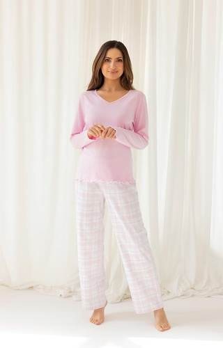 712 Pigiama da donna rosa Regina - cotone, camicia gessata, pantaloni a quadri
