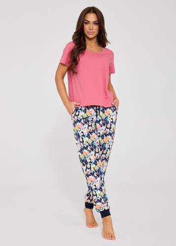 Pigiama donna Cornette Pola 730/337 rosa, cotone 100% con stampa floreale