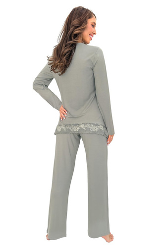 Donna Ramona Long Pigiama Donna in Viscosa Pizzo Oliva Manica Lunga Pantaloni Lunghi