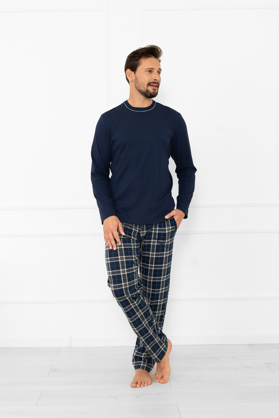 Pigiama uomo Andreas - manica lunga, pantalone lungo, cotone Moda Italiana - blu navy/stampa