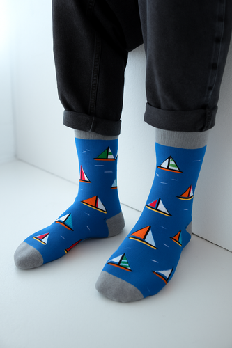 Milena Avangard 0125-117 - Calze da uomo in cotone "Sailboats" - Produzione polacca - denim