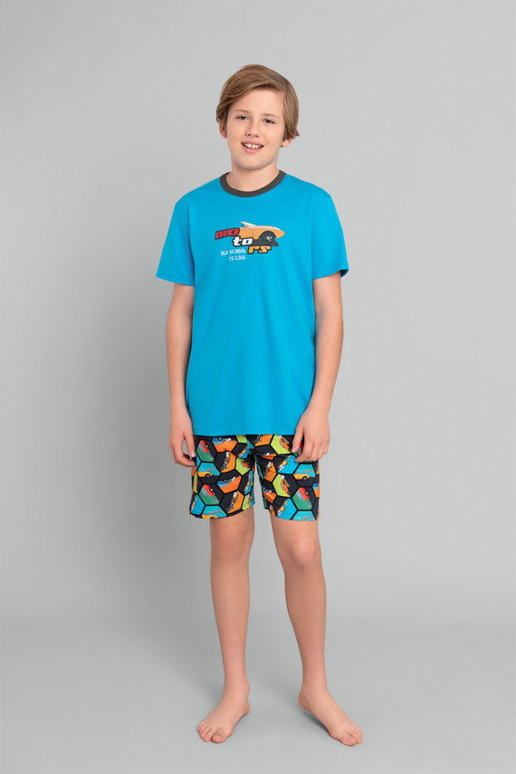 Pigiama da bambino a maniche corte, pantaloni Moda Italiana - turchese/stampa