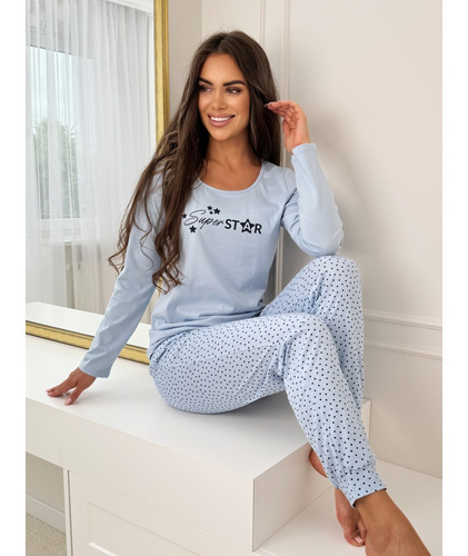 Pigiama da donna Donna Star Long blu - cotone, manica lunga, confezionato in busta di plastica