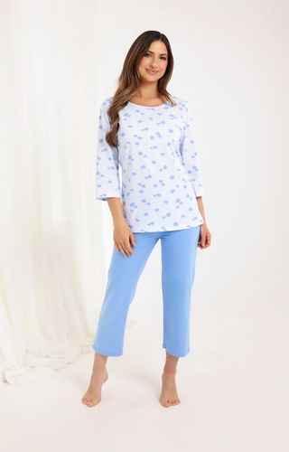 720 Pigiama da donna blu Regina - cotone, manica 3/4, pantalone 7/8
