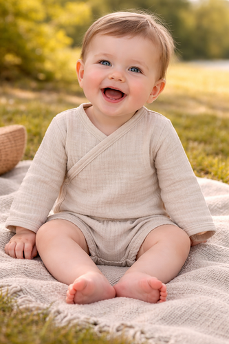 Body in mussola Just Muslin 03235BE Makoma beige- manica lunga, chiusura a busta, 100% cotone