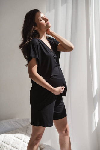 Moon bambusowa bluzka od piżamy ciążowej do karmienia krótki rękaw Milk&Love czarny