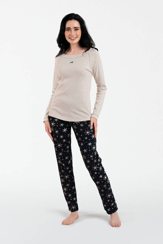 Denali Pigiama donna manica lunga, pantalone lungo Moda Italiana- beige melange/stampa