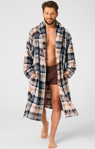 MGL 443 Accappatoio da uomo Key beige - a quadri, morbido, collo a scialle