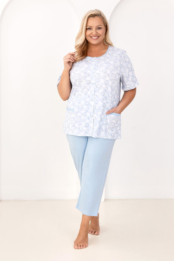 Pigiama 738 Regina blu - camicia da donna in cotone a righe, abbottonata e con tasche, pantaloni 7/8