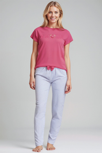 Juliana Sorbetto rosa - pigiama donna 100% cotone, con ricamo e pantaloni lunghi a righe