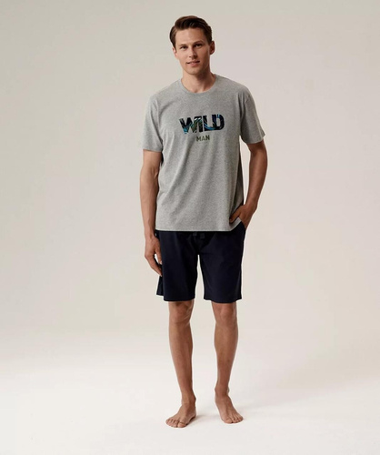 Pigiama da uomo NMP-396 - grigio blu navy e cotone, manica corta, leggero e confortevole per l'estate