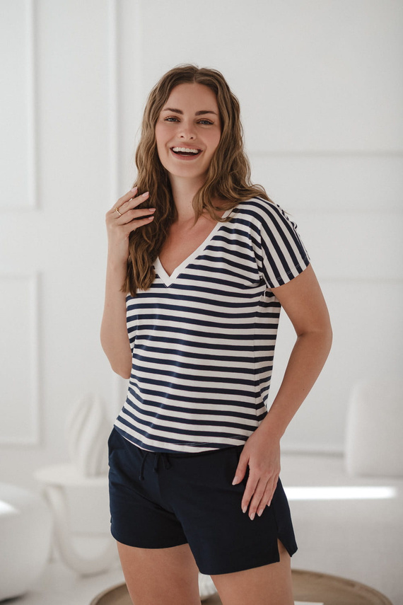 Camicetta per gravidanza e allattamento Two Ways - manica corta, comoda Milk&Love a righe bianche e blu navy