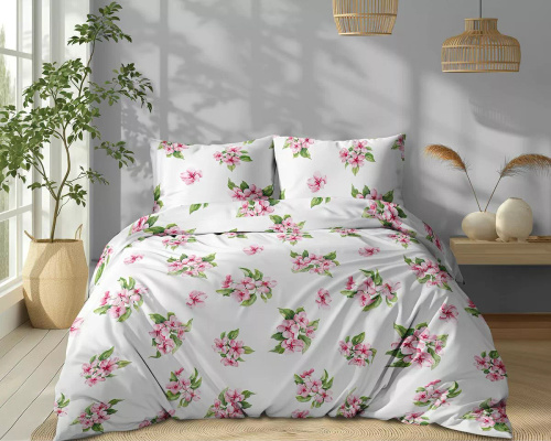5766 A Cotton Bloom Detexpol biancheria da letto bianca con fiori rosa - 100% cotone, reversibile, produzione polacca