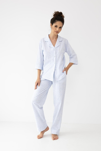 Pigiama da donna Sensis Paloma bianco blu - 100% cotone pregiato con stampa floreale, abbottonatura, colletto, pantaloni lunghi, eleganza e comfort durante il sonno