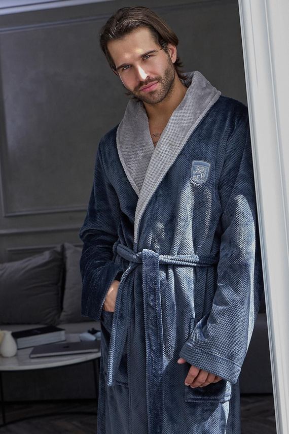 Accappatoio Uomo L&L 2675 Blu Navy Cotone Colletto Sciarpa Classico