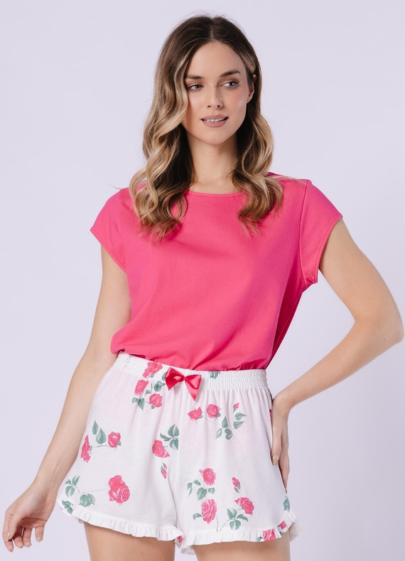 Pigiama da donna 1724 Valencia Leveza rubino - Pigiama in cotone di alta qualità con maniche corte, pantaloncini a fantasia, fiocco in raso e balze decorative