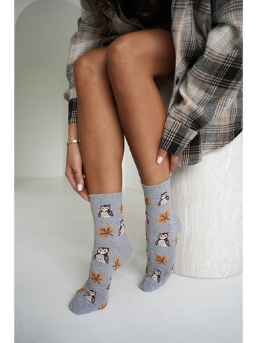 Milena 0200-267 calze donna in cotone con gufi e foglie grigie