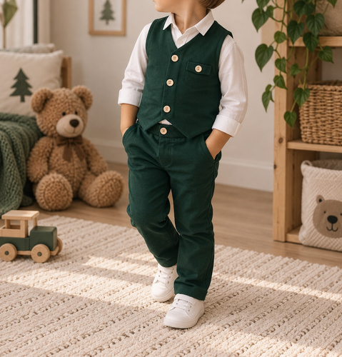 Mamatti KC014 completo bambino verde in cotone con gilet e pantaloni con bottoni