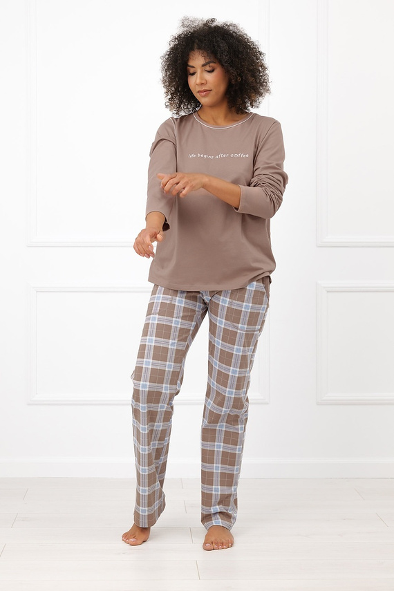 Pigiama donna Italian Fashion Delma 100% cotone pantaloni lunghi a quadri cappuccino