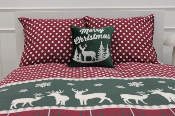 Xmass Biancheria da letto natalizia in cotone Spod Igły i Nitki - renna a scacchi rossi piselli verdi, set con cerniera, 100% cotone