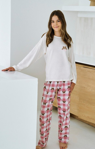 3503 Pigiama per bambina Astrid Taro beige - cotone, stampa, pantaloni a quadri