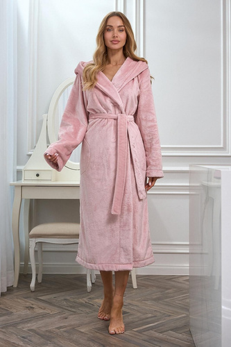 L&L 2602 Honey Accappatoio lungo da donna con cappuccio, morbido, con cintura, rosa cipria