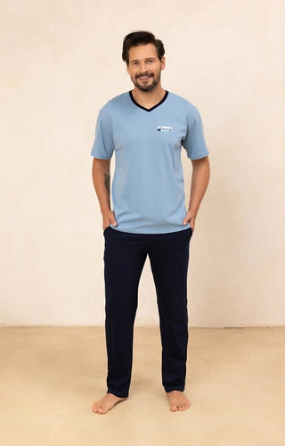 498 Pigiama uomo in cotone blu Regina - T-shirt con scollo a V + pantaloni lunghi