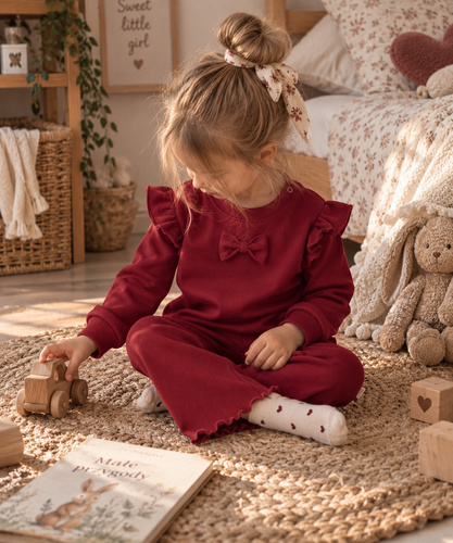 Mamatti DR720 tuta da ragazza in cotone bordeaux felpa con fiocco pantaloni a zampa