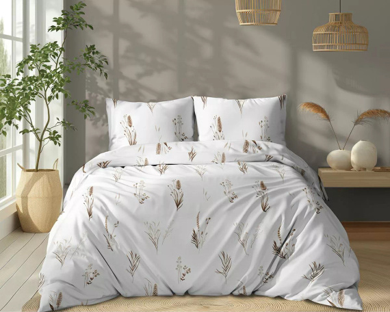 5771 B Cotone Bloom Detexpol biancheria da letto bianca con erbe e tussock marrone e beige - 100% cotone, double face, lucido
