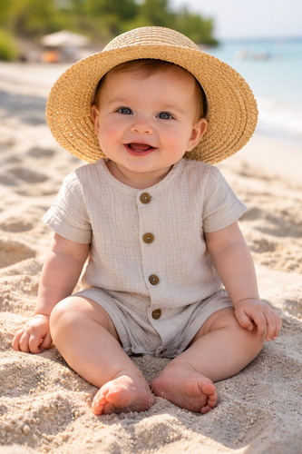 Baby Rampers Just Muslin 02235RBE Makoma beige- mussola 100% cotone, manica corta