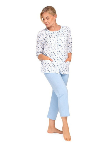 201 Maria II Pigiama da donna Martel blu 32-cotone, camicia floreale, manica 3/4, pantaloni 3/4, sleep comfort