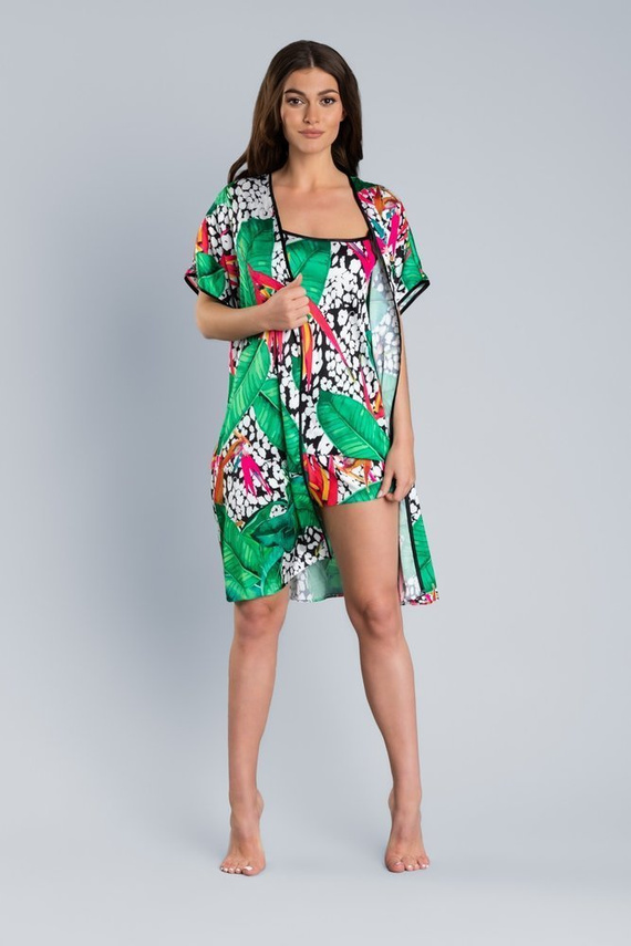 DORITA Accappatoio da donna in raso Moda Italiana- stampa/verde