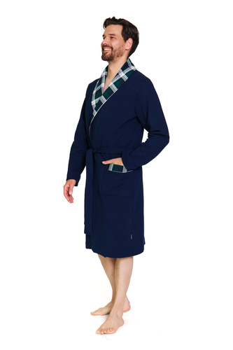 7366 Doctor Nap | Accappatoio premium da uomo blu navy con finiture a quadri - 100% cotone - blu navy