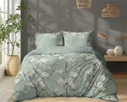 5497 B Biancheria da letto in cotone menta con fiori di magnolia bianchi Naturalis- Detexpol