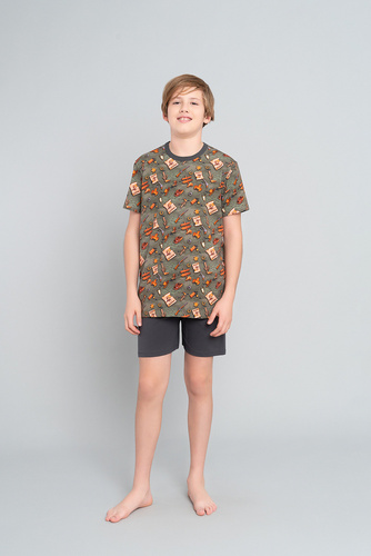 Pigiama Western Boys a maniche corte, pantaloni Italian Fashion - oliva/grafite