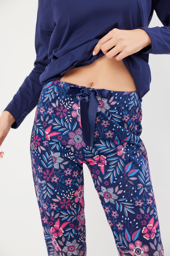 Pigiama Folk da donna manica lunga, pantaloni lunghi Moda Italiana - blu navy/stampa