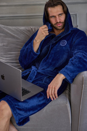 L&L 2663 Active Accappatoio Uomo Lungo con Cappuccio Morbido Navy