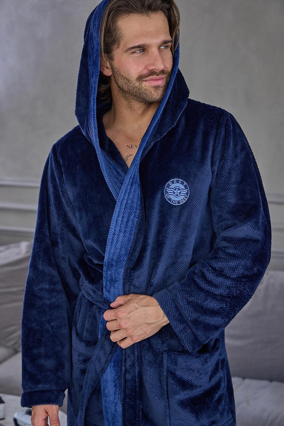 L&L 2663 Active Accappatoio Uomo Lungo con Cappuccio Morbido Navy